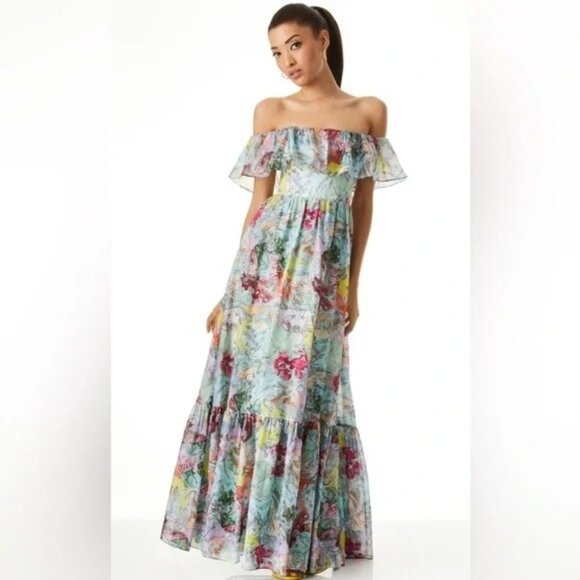 NWT ALICE + OLIVIA X Lola Schnabel Tempie Ruffle Off Shoulder Maxi Dress Size 2 - Picture 6 of 10